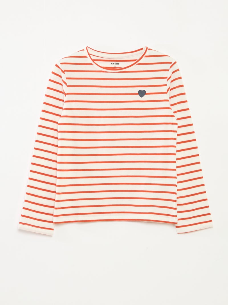 Camiseta de rayas de manga larga con cuello redondo Naranja - Kiabi
