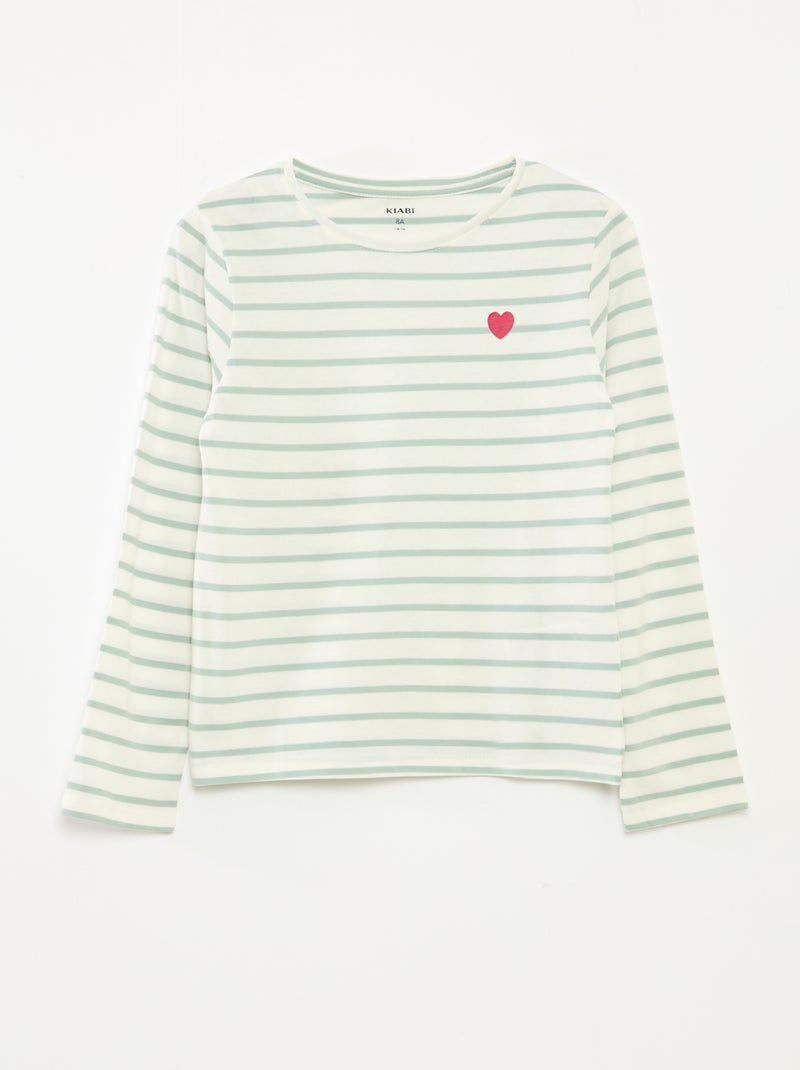 Camiseta de rayas de manga larga con cuello redondo Verde - Kiabi