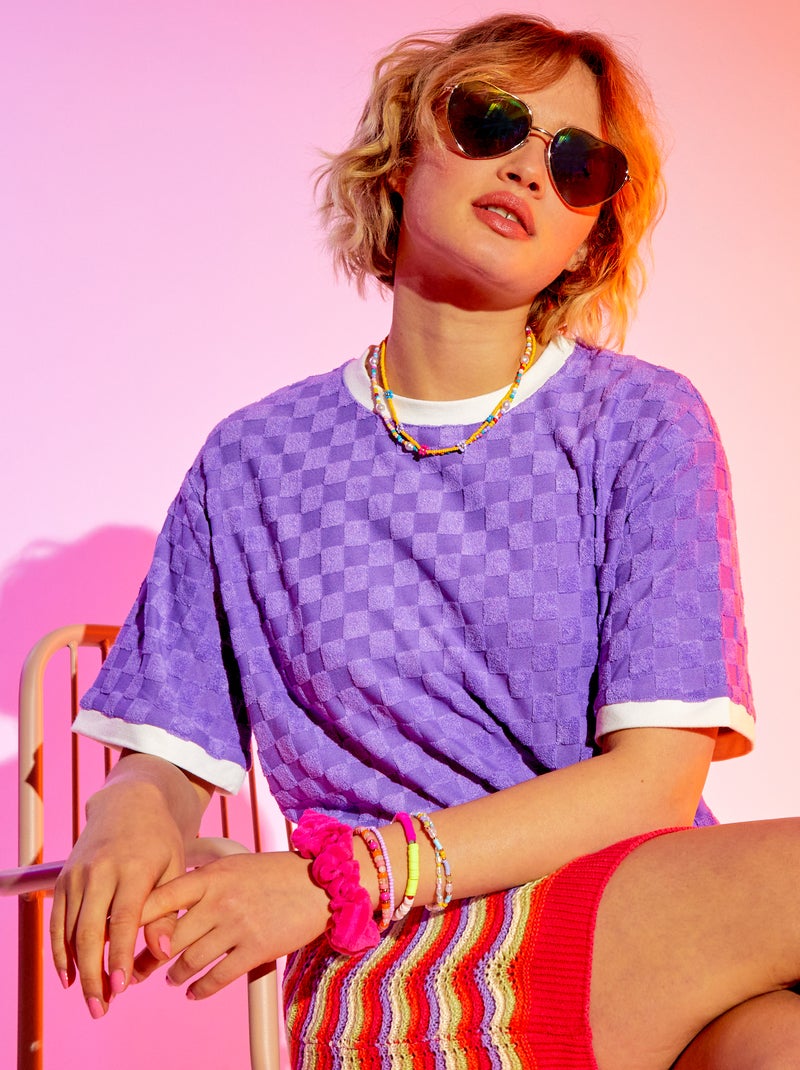 Camiseta de rizo con cuello redondo Morado - Kiabi