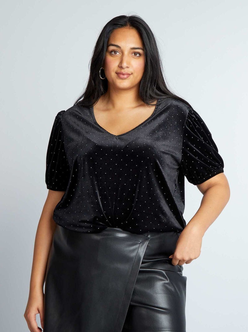 Camiseta de terciopelo con detalle de pedrería negro - Kiabi