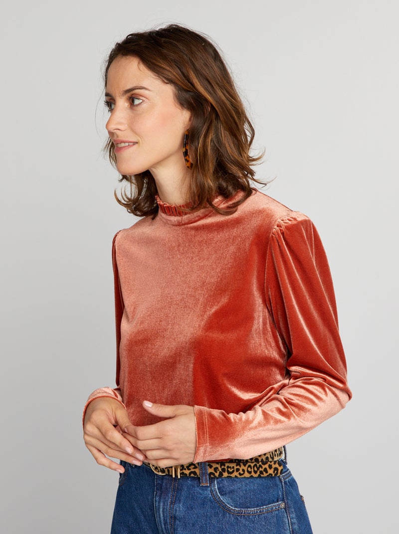 Camiseta de terciopelo con volante en el cuello MARRON - Kiabi