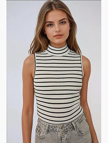 Camiseta de tirantes acanalada a rayas con cuello alto medio hiccup