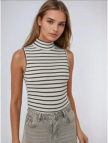 Camiseta de tirantes acanalada a rayas con cuello alto medio hiccup