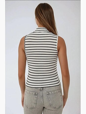 Camiseta de tirantes acanalada a rayas con cuello alto medio hiccup