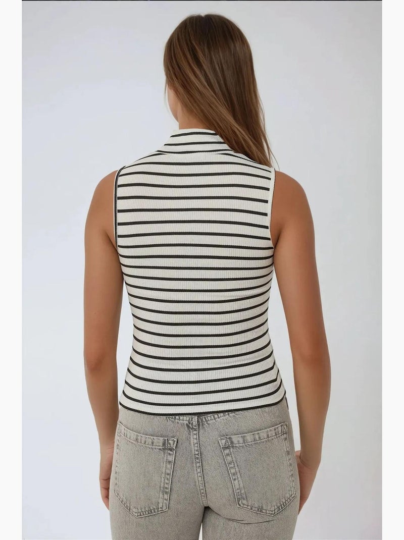 Camiseta de tirantes acanalada a rayas con cuello alto medio hiccup Blanco - Kiabi