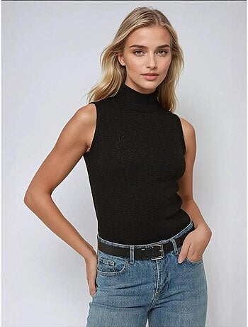 Camiseta de tirantes acanalada a rayas con cuello alto medio hiccup