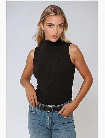 Camiseta de tirantes acanalada a rayas con cuello alto medio hiccup
