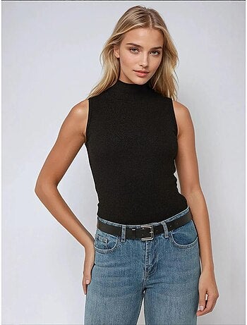 Camiseta de tirantes acanalada a rayas con cuello alto medio hiccup