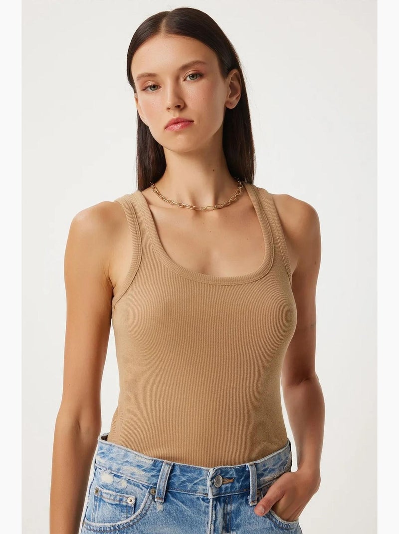 Camiseta de tirantes ajustada de algodón con cuello en u istanbul Beige claro - Kiabi
