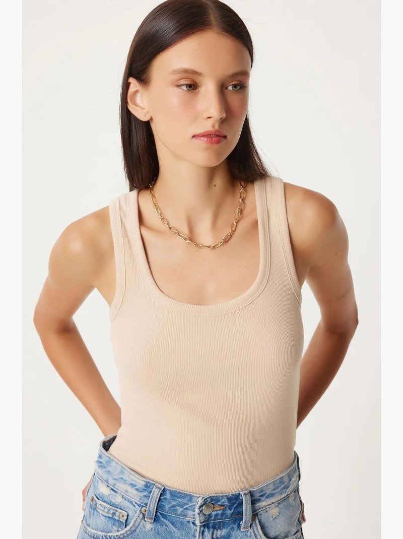 Camiseta de tirantes ajustada de algodón con cuello en u istanbul Crema - Kiabi
