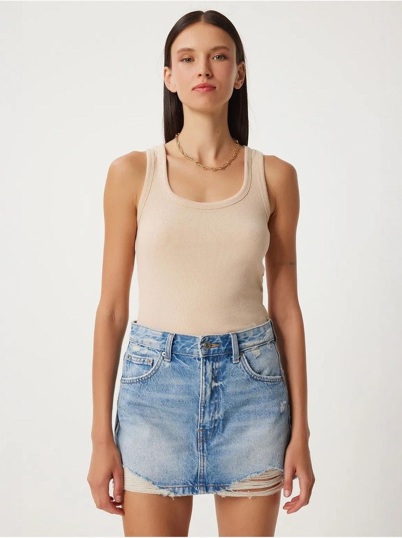 Camiseta de tirantes ajustada de algodón con cuello en u istanbul Crema - Kiabi