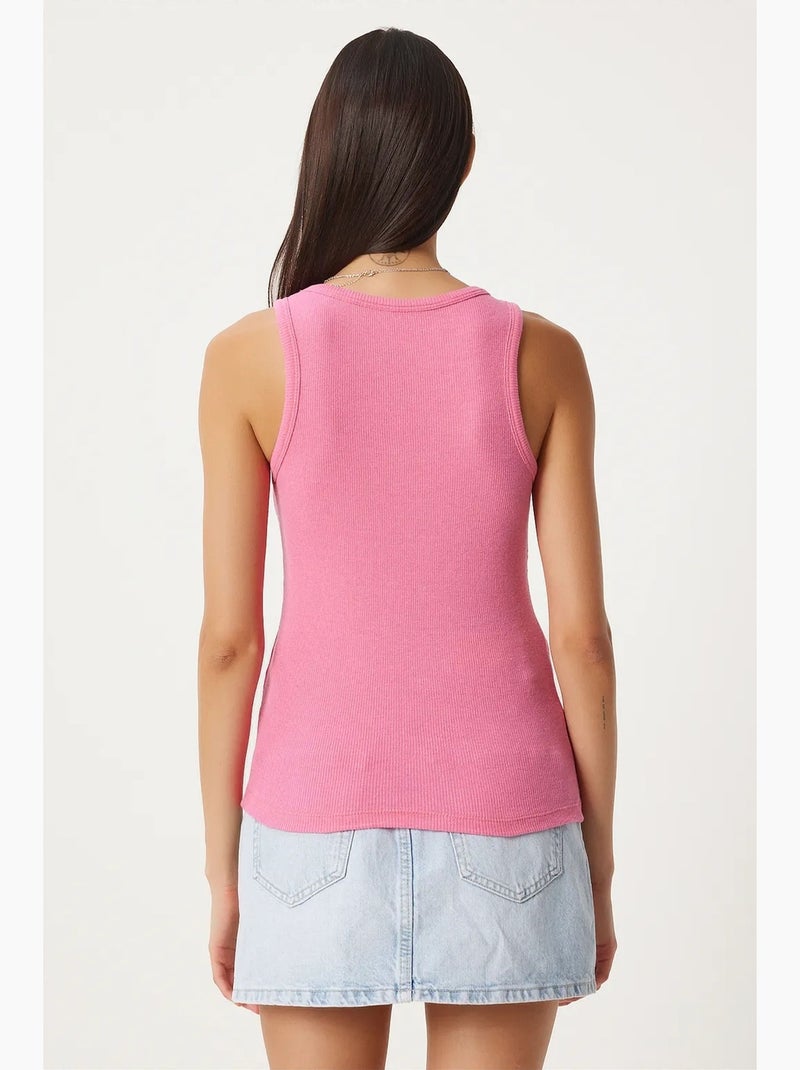 Camiseta de tirantes ajustada de algodón con cuello en u istanbul Rosa fluo/Solinotes - Kiabi