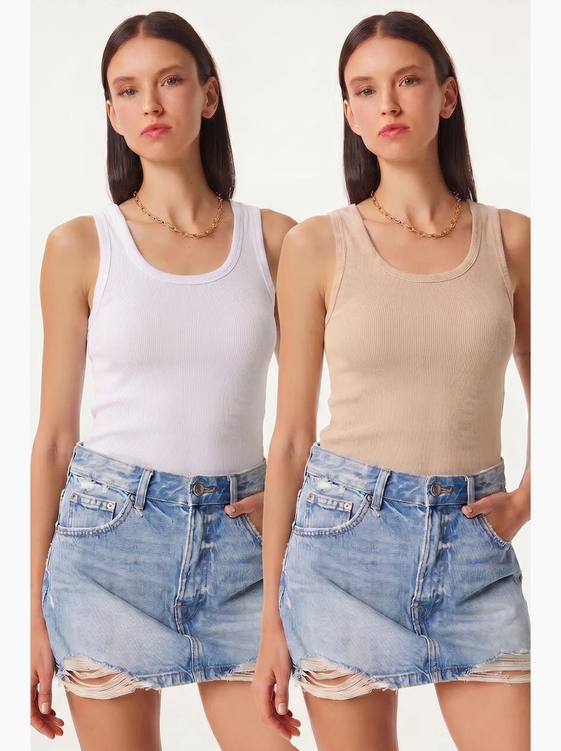 Camiseta de tirantes ajustada de punto con cuello en u, pack de 2 istanbul Beige arcilla - Kiabi