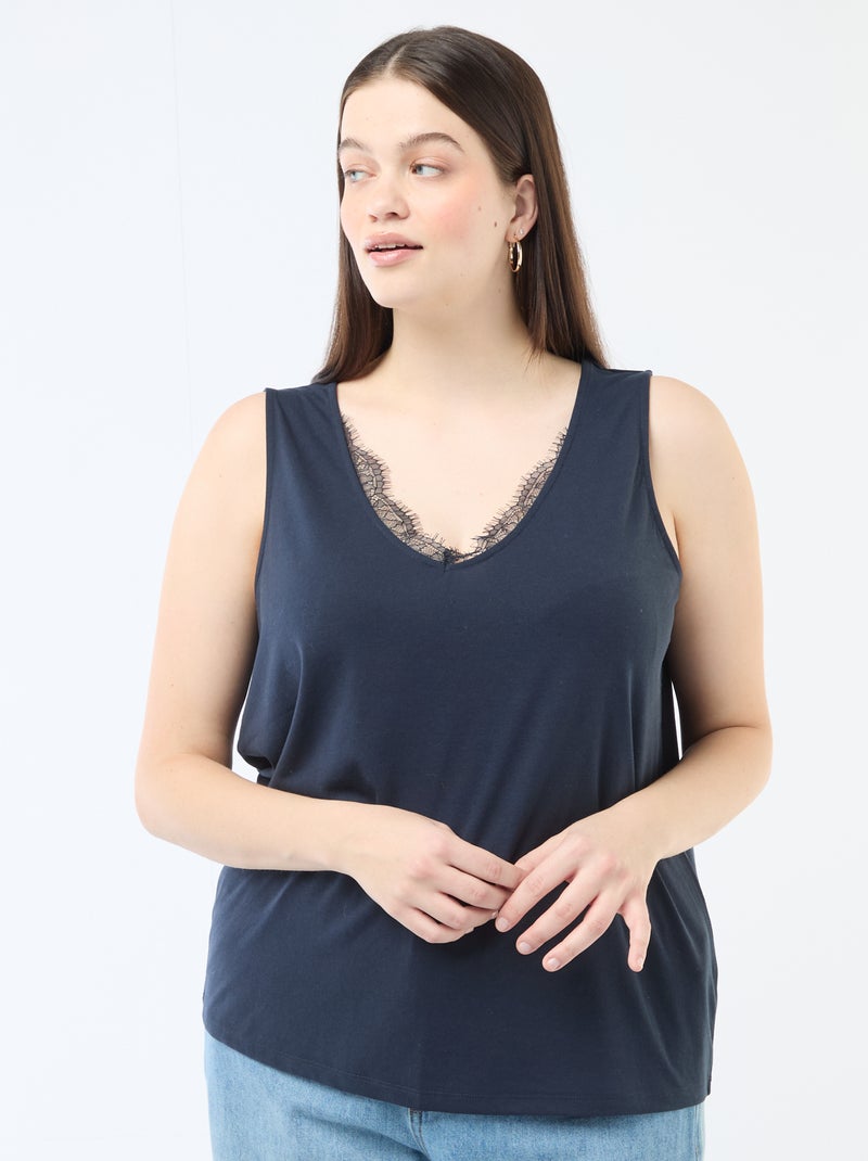 Camiseta de tirantes con cuello en pico y encaje Azul - Kiabi