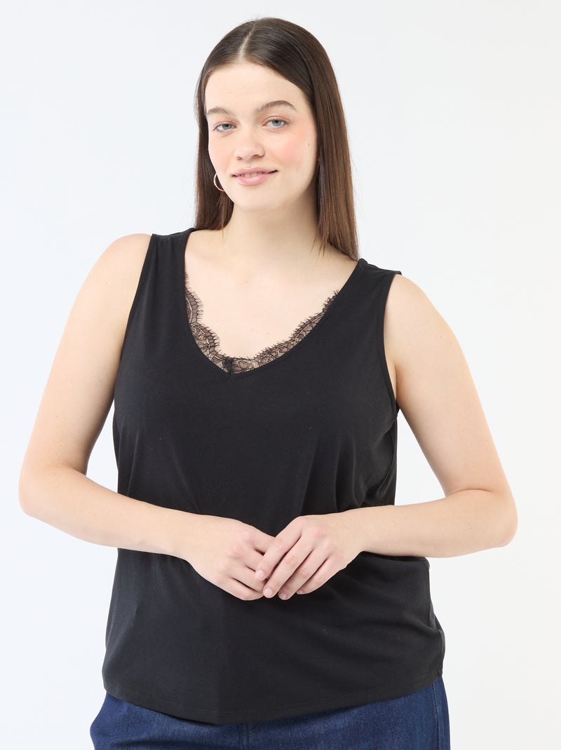 Camiseta de tirantes con cuello en pico y encaje Negro - Kiabi