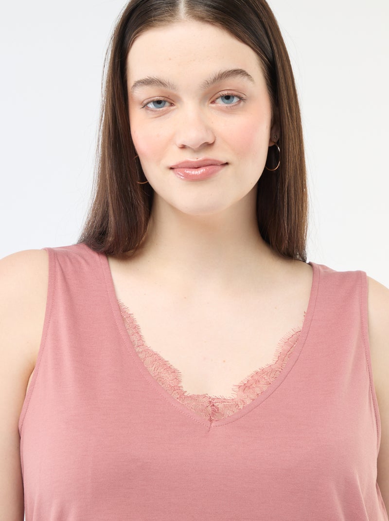 Camiseta de tirantes con cuello en pico y encaje Rosa - Kiabi