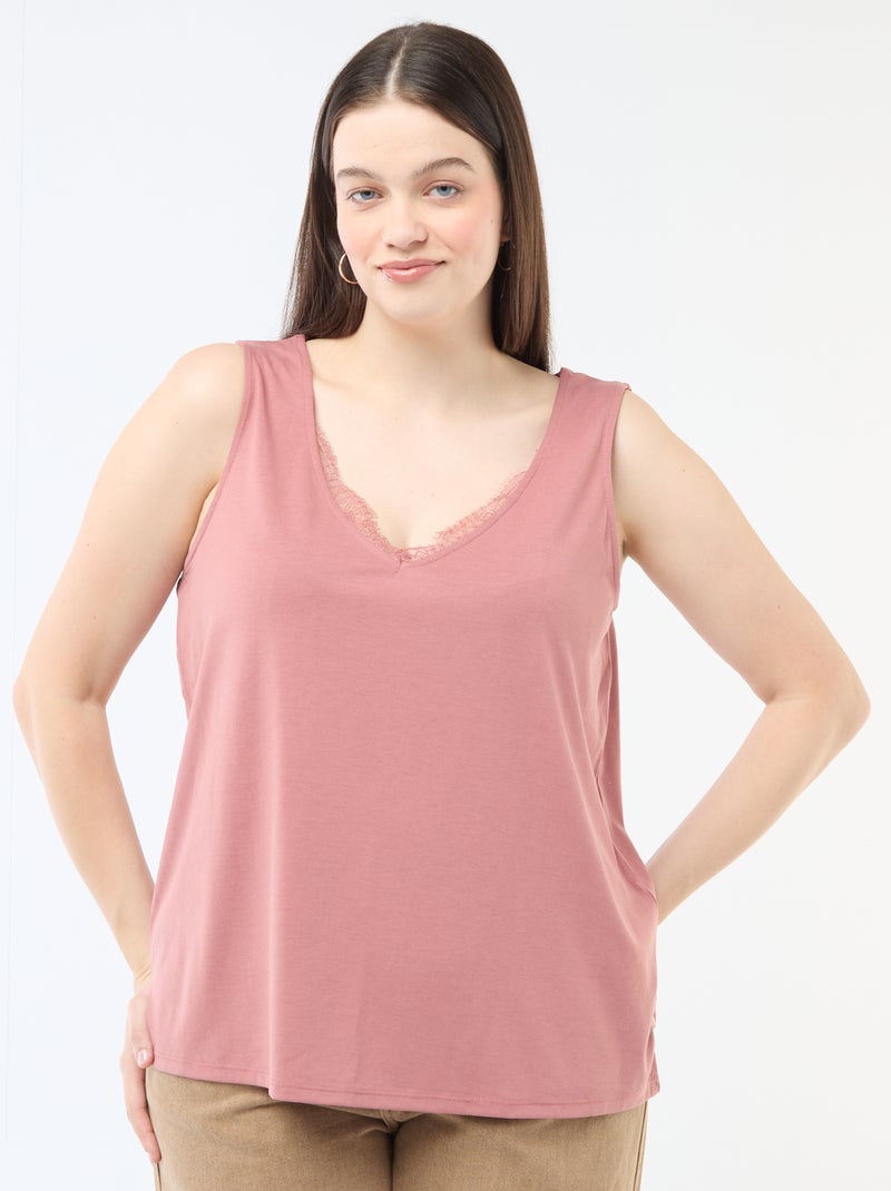 Camiseta de tirantes con cuello en pico y encaje Rosa - Kiabi