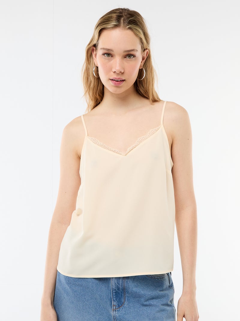 Camiseta de tirantes con tirantes finos ajustables y cuello de encaje Beige - Kiabi