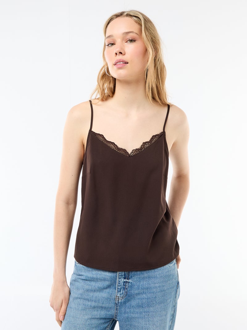 Camiseta de tirantes con tirantes finos ajustables y cuello de encaje Marron - Kiabi