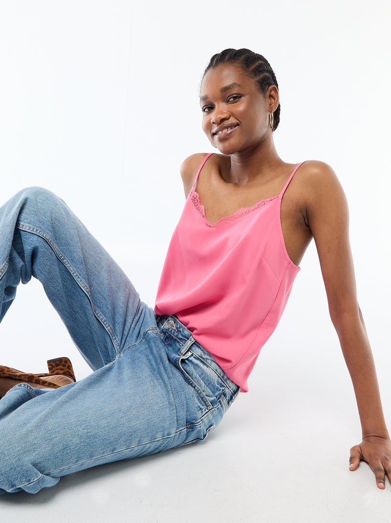 Camiseta de tirantes con tirantes finos ajustables y cuello de encaje Rosa - Kiabi