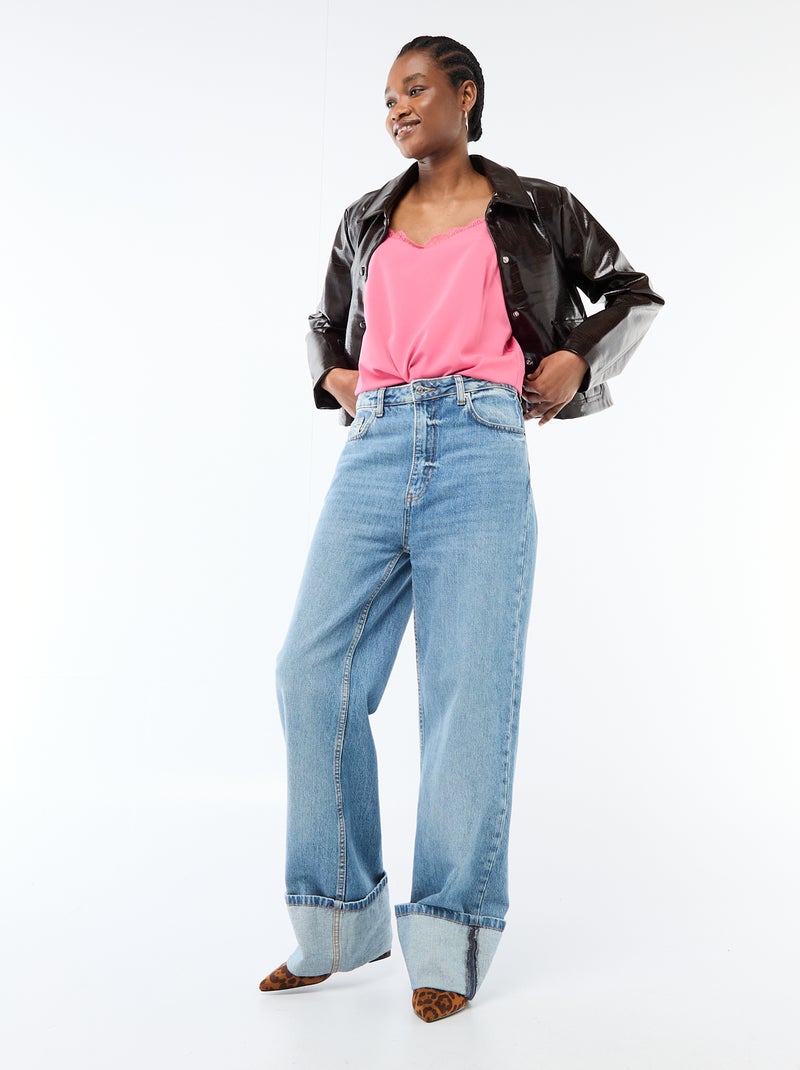 Camiseta de tirantes con tirantes finos ajustables y cuello de encaje Rosa - Kiabi