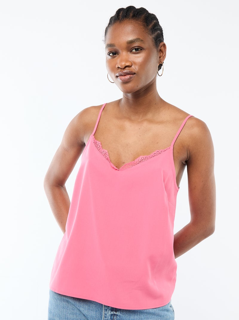 Camiseta de tirantes con tirantes finos ajustables y cuello de encaje Rosa - Kiabi