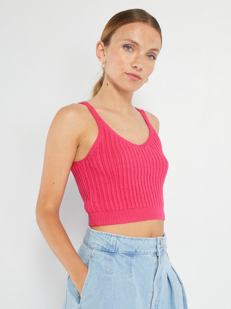 Camiseta de tirantes corta de punto croché rosa indio - Kiabi