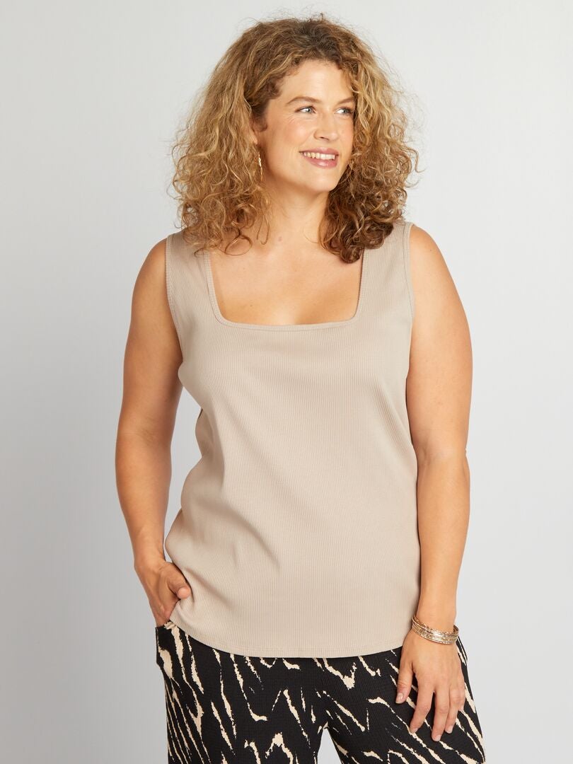 Camiseta de tirantes de punto de canalé con cuello redondo BEIGE - Kiabi