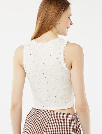 Camiseta de tirantes de punto pointelle con encaje y estampado