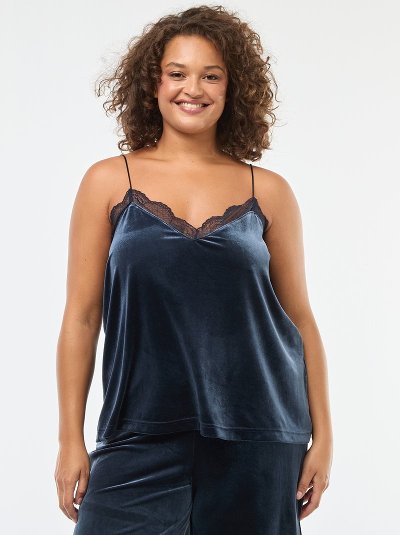 Camiseta de tirantes de terciopelo con borde de encaje Azul - Kiabi