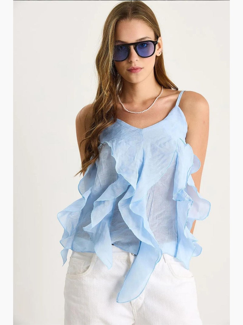 Camiseta de tirantes escote pico algodón con volante lucci Azul cielo - Kiabi