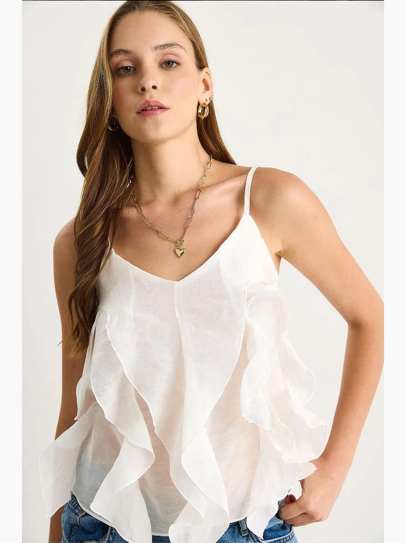 Camiseta de tirantes escote pico algodón con volante lucci Blanco - Kiabi