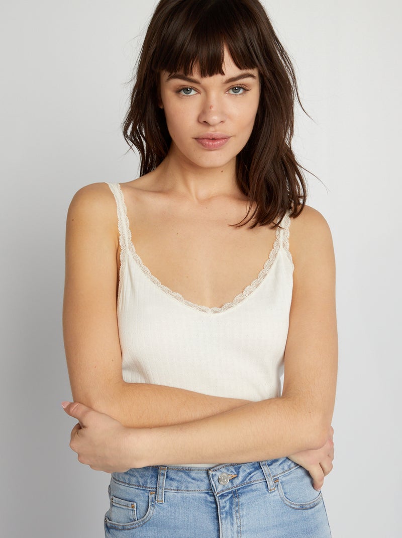Camiseta de tirantes finos de punto pointelle BLANCO - Kiabi