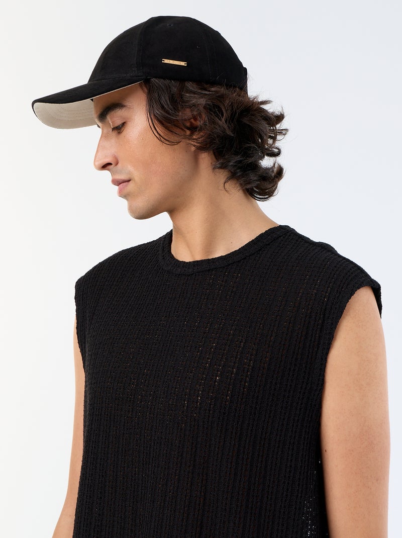 Camiseta de tirantes lisa de tejido calado Negro - Kiabi
