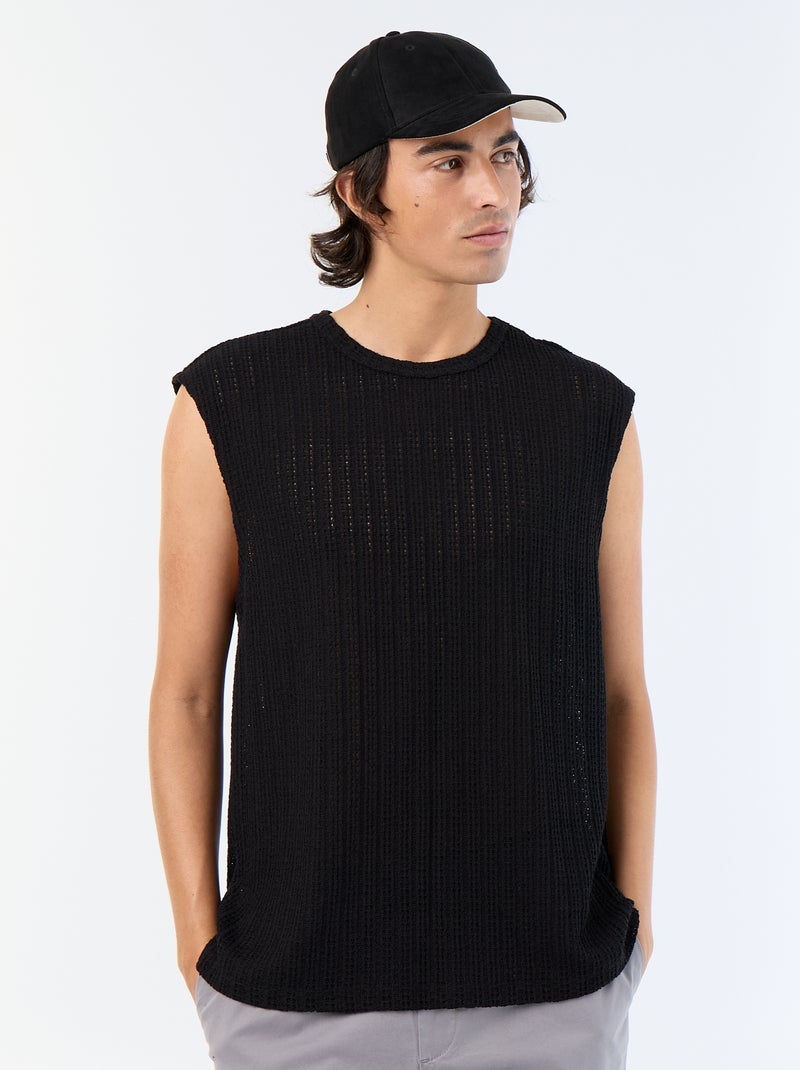 Camiseta de tirantes lisa de tejido calado Negro - Kiabi