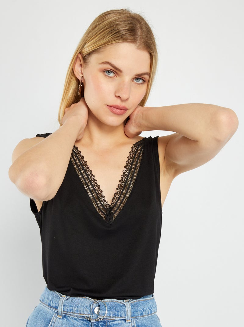 Camiseta elástica con encaje Negro - Kiabi
