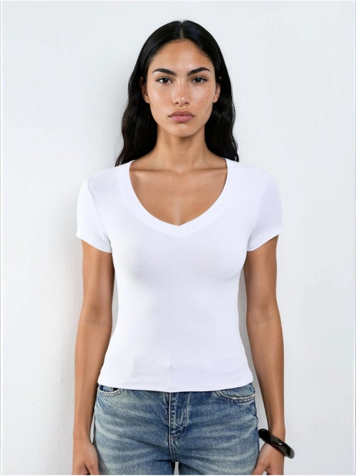 Camiseta elástica de manga corta con cuello en v busem - Kiabi Camiseta elástica de manga corta con cuello en v busem - Kiabi