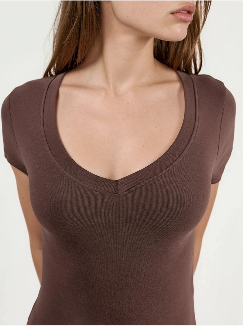 Camiseta elástica de manga corta con cuello en v busem Marrón claro - Kiabi