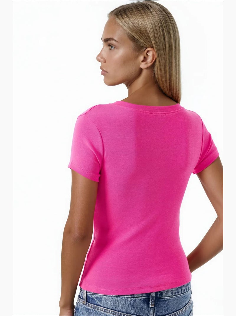 Camiseta elástica de manga corta con cuello en v busem Rosa fluo/Solinotes - Kiabi