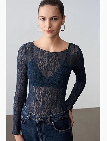 Camiseta encaje cuello barco manga larga dilvin