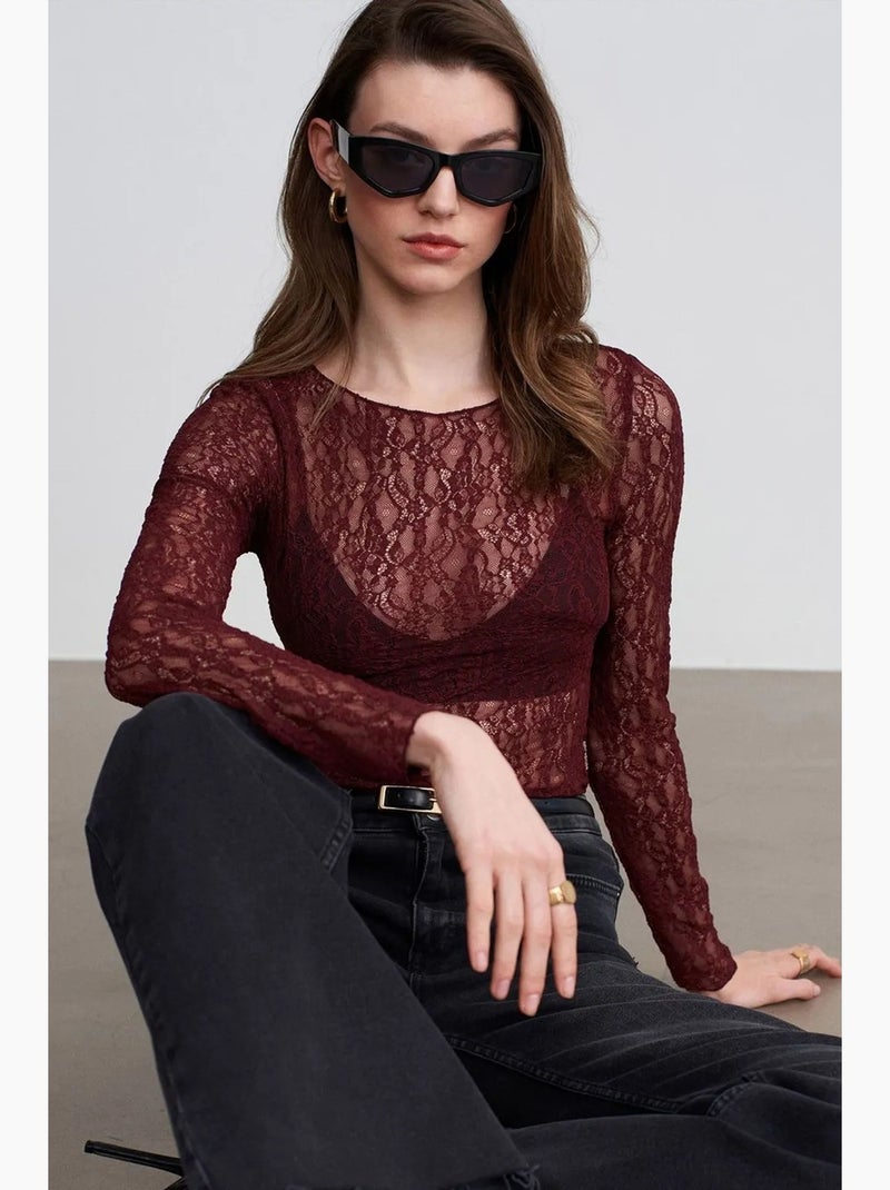 Camiseta encaje cuello barco manga larga dilvin Rojo burdeos - Kiabi