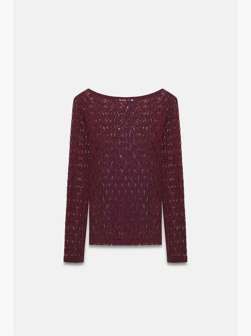 Camiseta encaje cuello barco manga larga dilvin Rojo burdeos - Kiabi