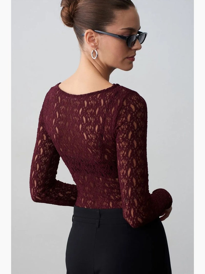 Camiseta encaje cuello barco manga larga dilvin Rojo burdeos - Kiabi