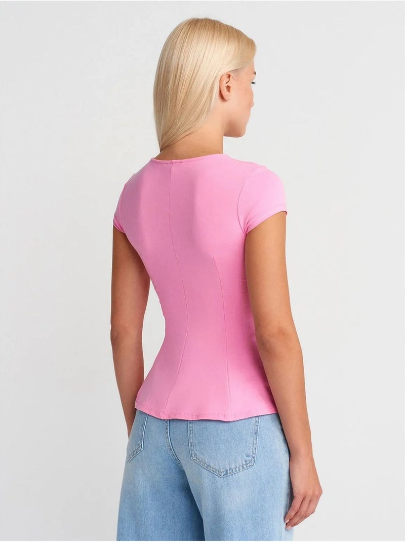 Camiseta entallada de cuello redondo con volantes dilvin Rosa fluo/Solinotes - Kiabi