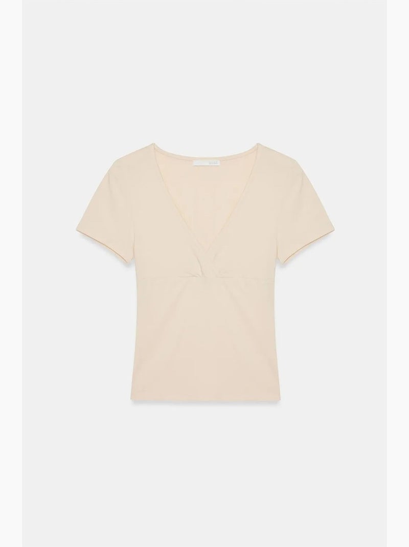 Camiseta entallada de manga corta con cuello de pico dilvin Beige arcilla - Kiabi
