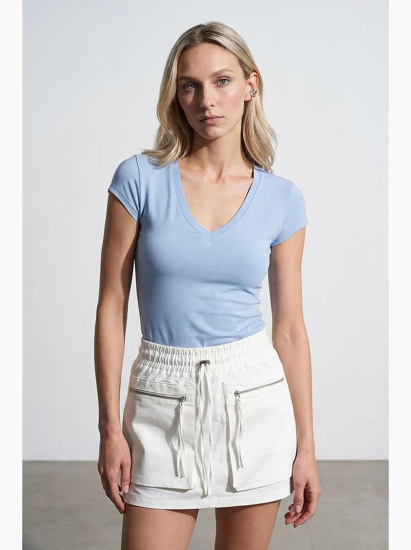 Camiseta entallada escote pico manga corta dilvin Azul cielo - Kiabi