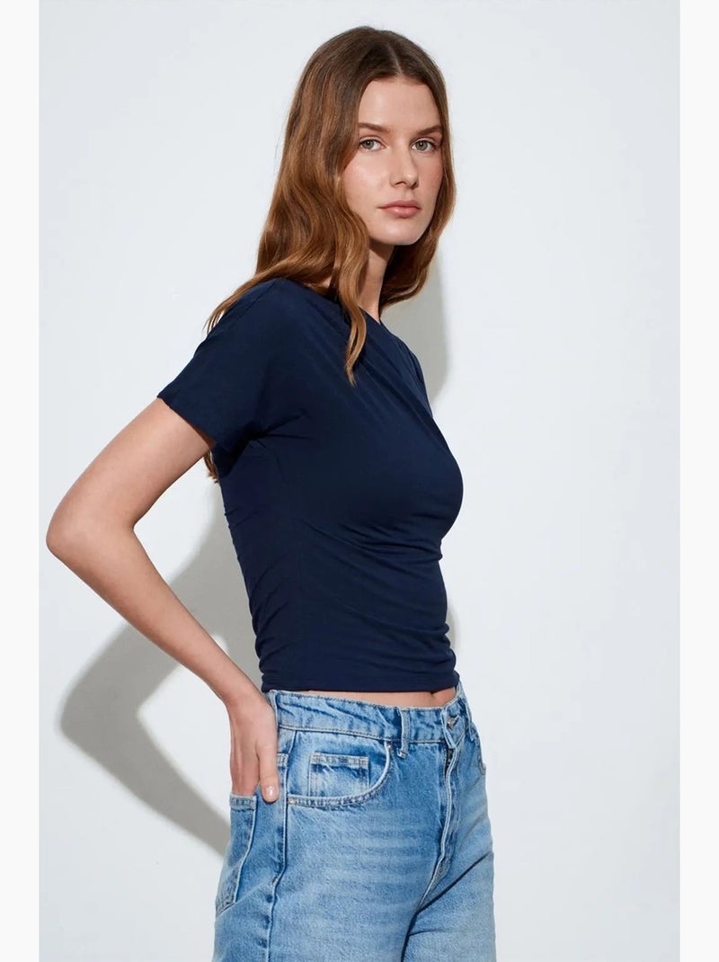 Camiseta entallada escote pico manga corta dilvin Azul marino - Kiabi