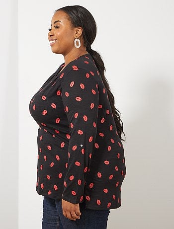 Tallas grandes mujer - Camiseta estampada con cuello panadero - Kiabi