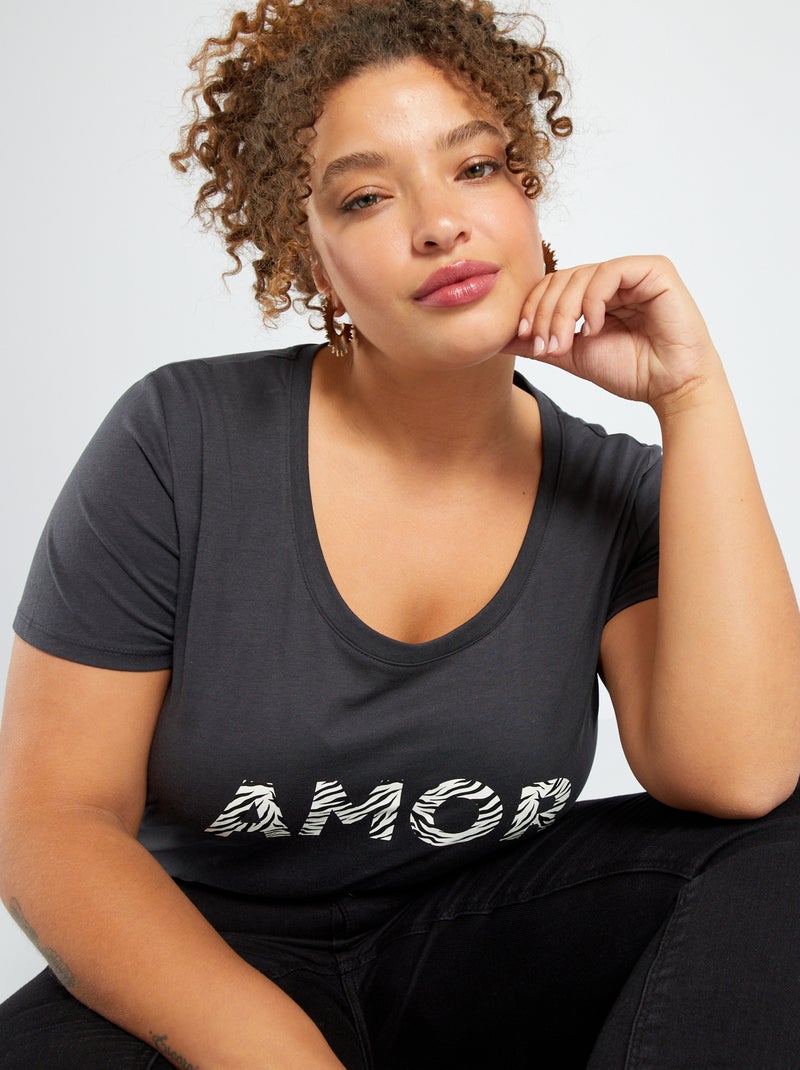 Camiseta estampada de cuello redondo NEGRO - Kiabi