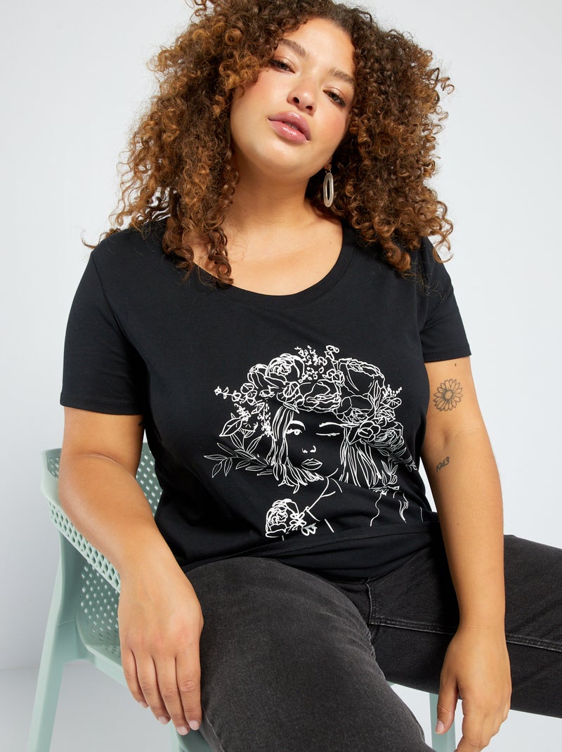 Camiseta estampada de cuello redondo NEGRO - Kiabi